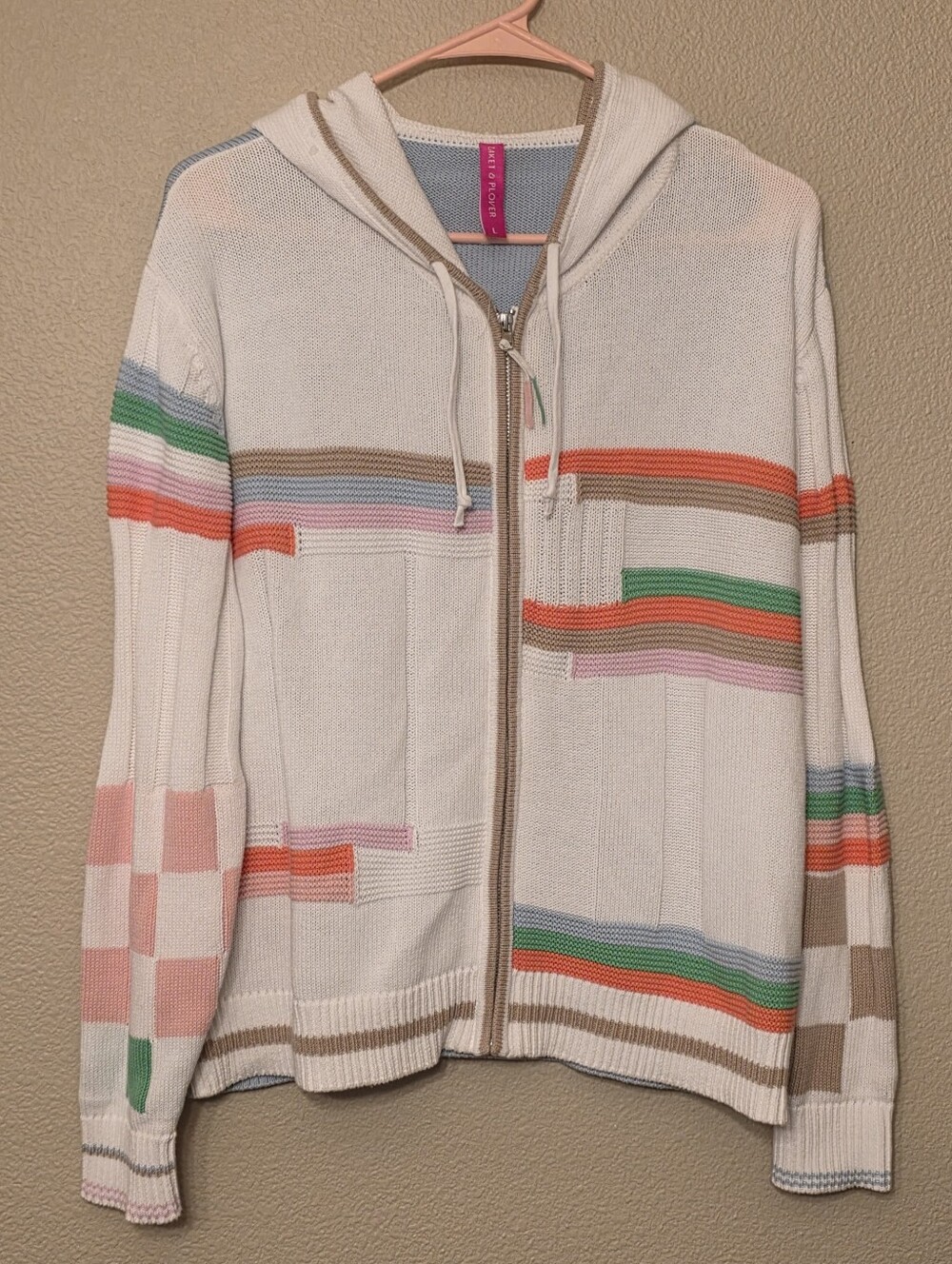 Zaket & Plover L Striped Knit Zip Hoodie Cardigan Colorblock Coastal Boho